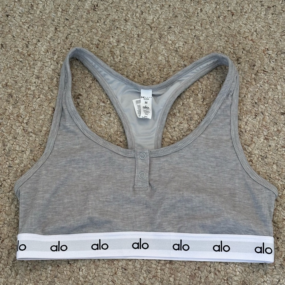 Alo Yoga| Athletic Heather Grey Icon Ribbed Henley Bra